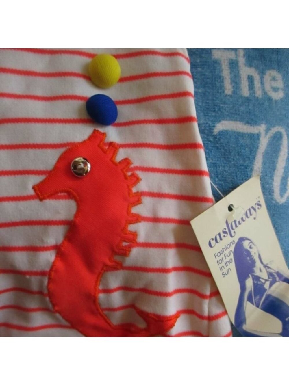 Castaways Toddler Girls Size 3 Red Striped Nylon Swimsuit With Seahorse Applique
